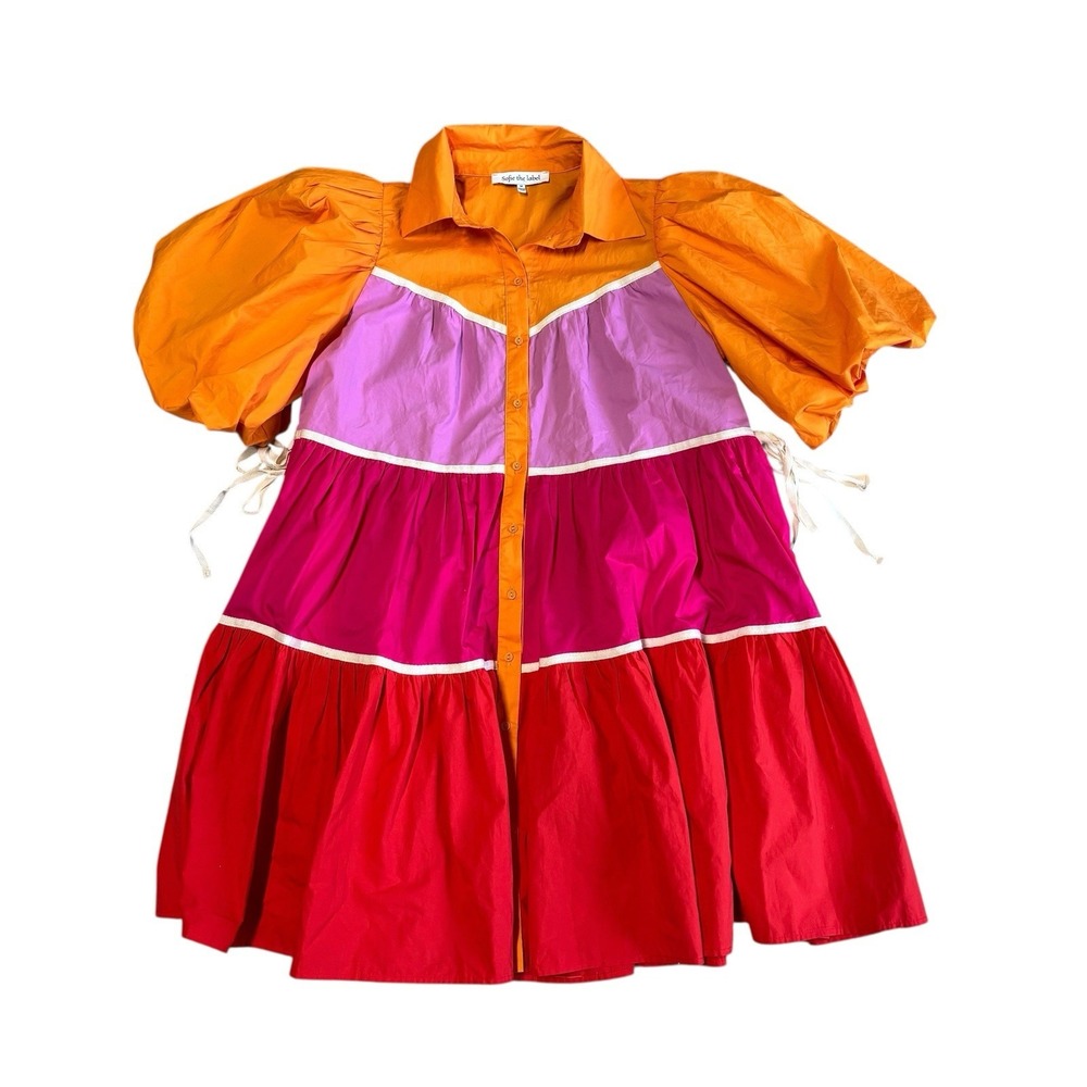 Sofie the Label Colorblock Tiered Dress Womens M Puff Sleeve Button‎ Front